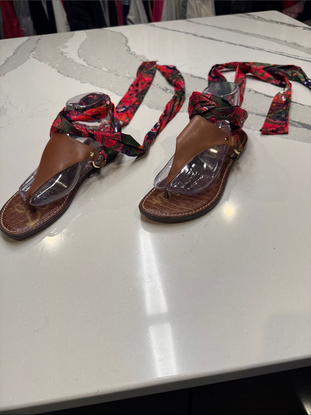 Sam Edelman Brown Leather Toe-Post Sandals with Red Multicolor Wrap Ties Sz8.5